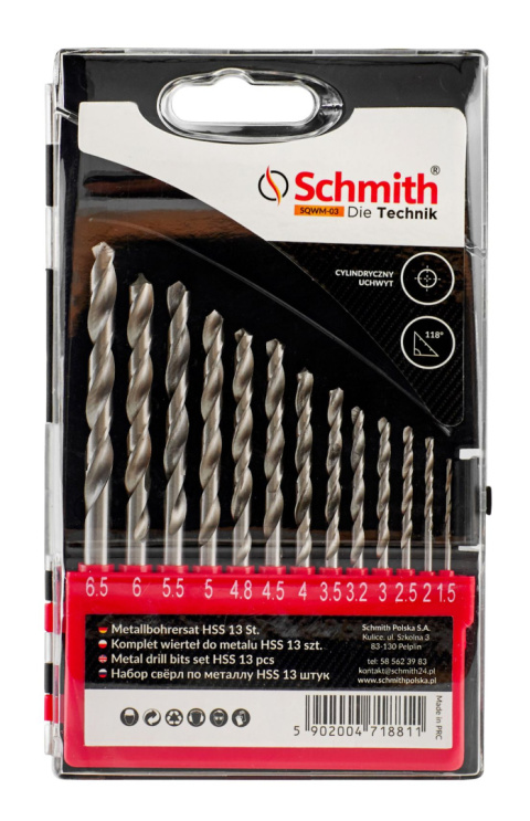 Komplet wierteł do metalu HSS 13szt Schmith SQWM-03 Komplet wierteł do metalu HSS 13szt Schmith SQWM-03