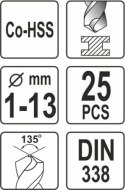 ZESTAW WIERTEŁ DO METALU CO-HSS 25 SZT. YT-41605 Y