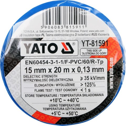 TAŚMA ELEKTROIZOLACYJNA 15MMx20M NIEBIESKA TAŚMA ELEKTROIZOLACYJNA 15MMx20M NIEBIESKA
