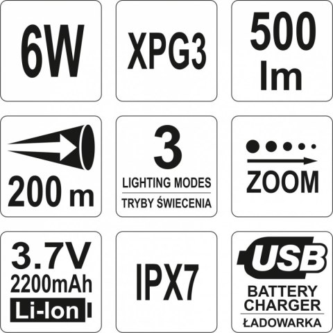 LATARKA XP-G3 CREE 6W AKUMULATOROWA YT-08568 YATO LATARKA XP-G3 CREE 6W AKUMULATOROWA YT-08568 YATO