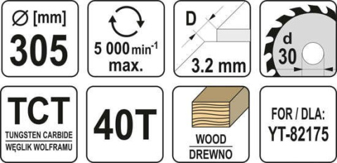 TARCZA DO DREWNA 305X40TX30MM YT-60783 YATO TARCZA DO DREWNA 305X40TX30MM YT-60783 YATO