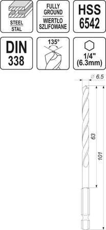 WIERTŁO DO METALU HSS 6542 6,5MM HEX YT-44873 YATO WIERTŁO DO METALU HSS 6542 6,5MM HEX YT-44873 YATO
