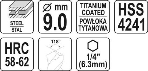 WIERTŁO FREZ DO METALU 9,0MM HSS-TiN HEX YT-44827 WIERTŁO FREZ DO METALU 9,0MM HSS-TiN HEX YT-44827