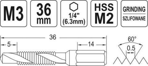 WIERTŁO-GWINTOWNIK M3 HEX YT-44840 YATO WIERTŁO-GWINTOWNIK M3 HEX YT-44840 YATO
